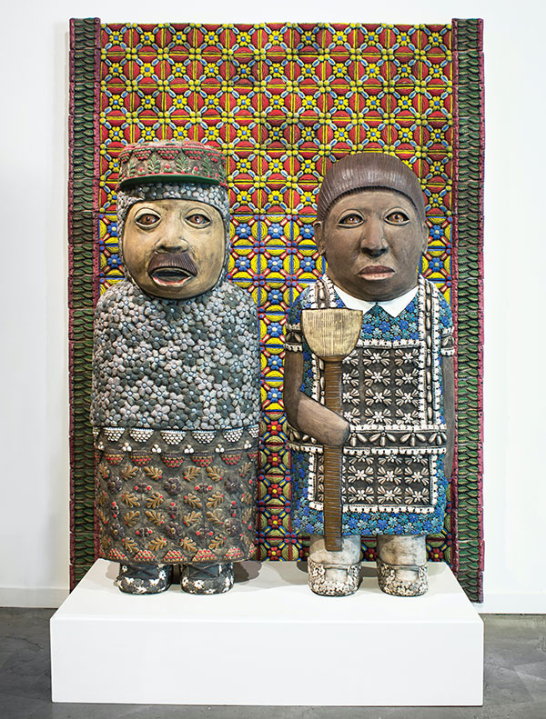 4 George Rodriguez’ Mexican American Gothic, 7 ft. (2.1 m) in height, stoneware, glaze, wood, screws, 2018. Courtesy of Foster White Gallery.