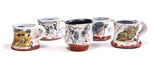 1 Ron Meyers’ cups, 3½ in. (9 cm) in height, wheel-thrown earthenware, slips, underglazes, fired to cone 04 in an electric kiln. Photo: Silvia Palmer.