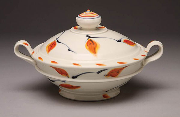 5 Tureen, 10½ in. (27 cm) in length, porcelain, glaze, Amaco underglazes applied over the glaze.