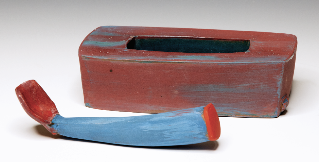 Salt dish and scoop, 5 in. (13 cm) in length, handbuilt cone-3 red clay, underglaze, glaze, fired in an electric kiln, 2020.