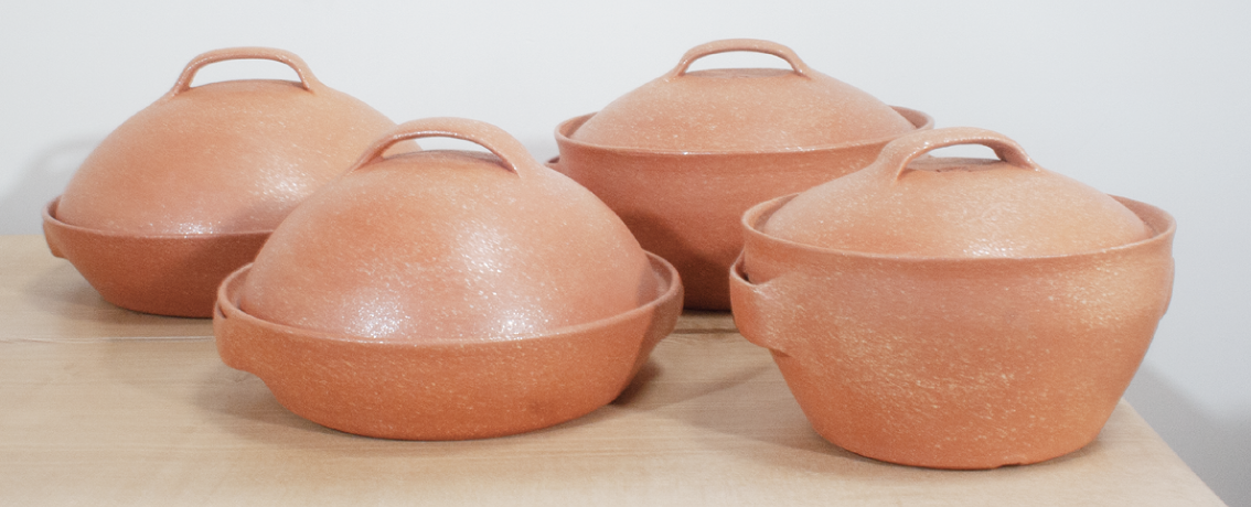 Bread cloches and casseroles, micaceous clay, fired to cone 08 in an electric kiln, 2020.