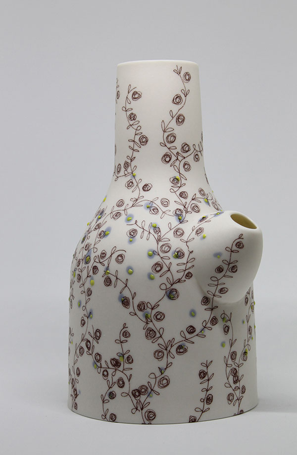Carafe, 8 in. (20 cm) in height, slip-cast porcelain, assembled, iron sulfate, fired to 2232°F (1222°C).