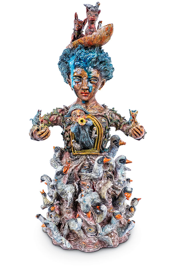 2 Janis Mars Wunderlich’s Bride (transformed), handbuilt ceramic, underglaze, glaze, melted glass.