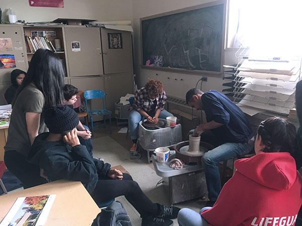 7 2017 Clay Siblings visit at Jefferson High School (Portland, Oregon). Gerald A. Brown and Mike Tavares demonstrating in a beginner ceramics class.