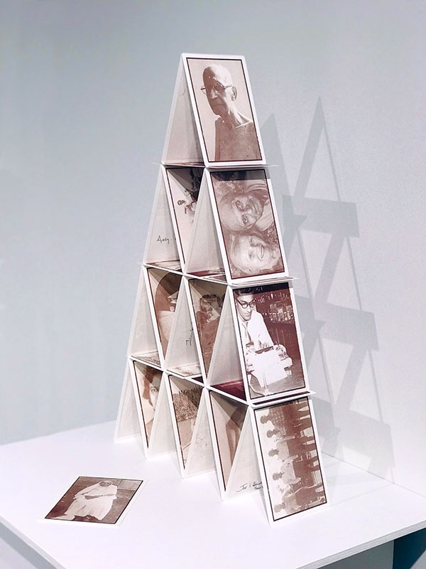 3 House of Cards, 24 in. (61 cm) in height, porcelain substrate, iron-oxide ceramic decals, archival tape, graphite pencil, 2019. Courtesy of Latcham Gallery, Stouffville, Ontario, Canada.