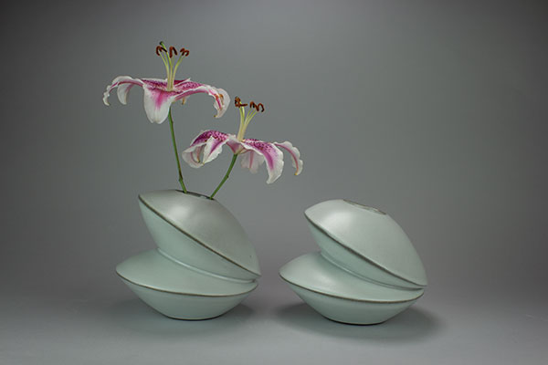 Clam Vases, 9 in. (23 cm) in height, soda-fired stoneware, glaze.