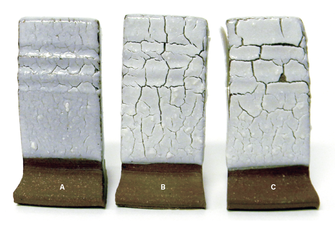 The base Visual Arts Center Shino recipe, an American Shino, with incremental glaze thickness and corresponding patterning and crawling. Tile A dipped once; tile B dipped twice; tile C dipped three times. Photo: Ryan Coppage.