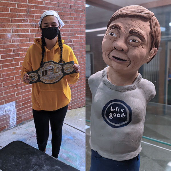 2 Victoria Eodice, one of Clark’s advanced ceramics students, displays the ceramics champion belt and her bottle portrait for which she won it.
