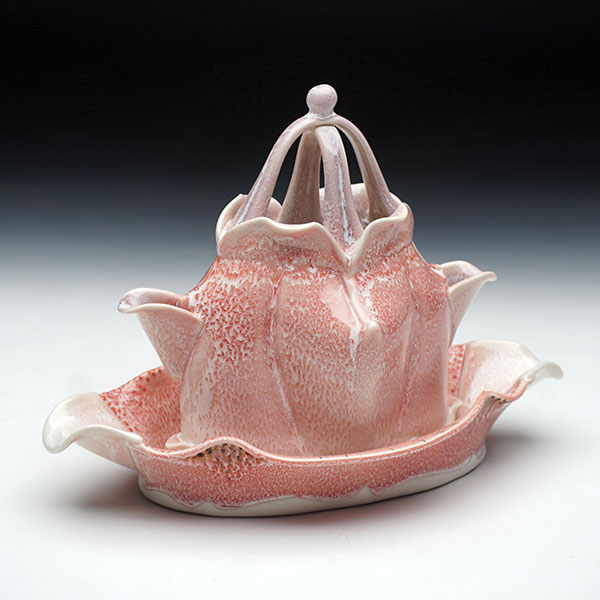 1 Martha Grover’s flower brick with tray (pink and white), 13 in. (33 cm) in length, wheel-thrown and altered porcelain, 2020.