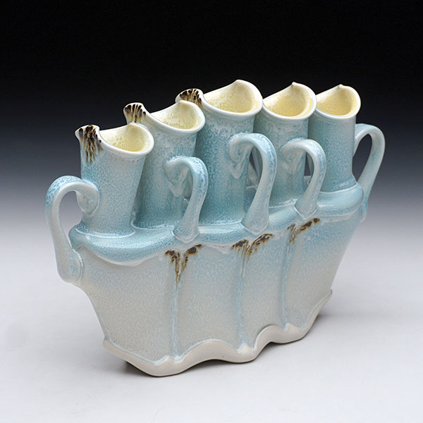 2 Martha Grover’s fluted flower vase (blue and yellow), 11 in. (28 cm) in length, wheel-thrown and altered porcelain, 2020.