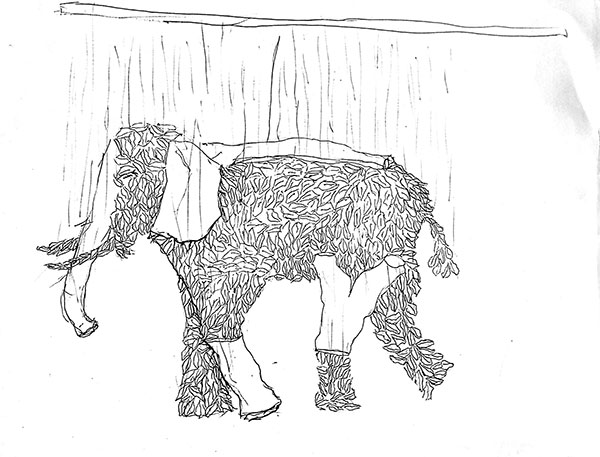 3 Elephant sketch indicating where cast tree limbs would have been.