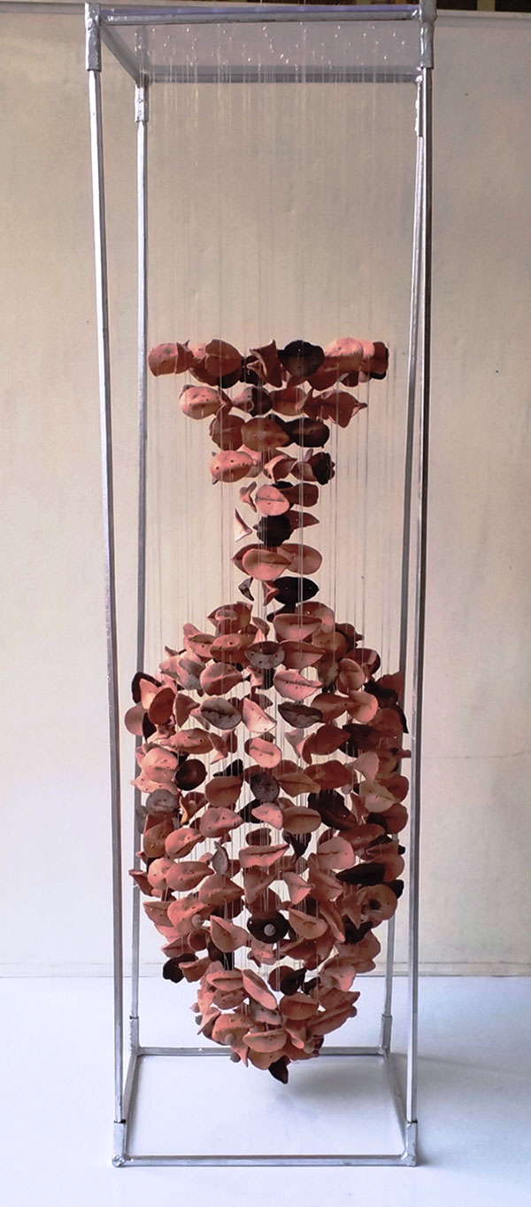 3 Ngozi Omeje’s vase, 3½ ft. (1.1 m) in height, clay, acrylic, monofilament, metal, 2020.