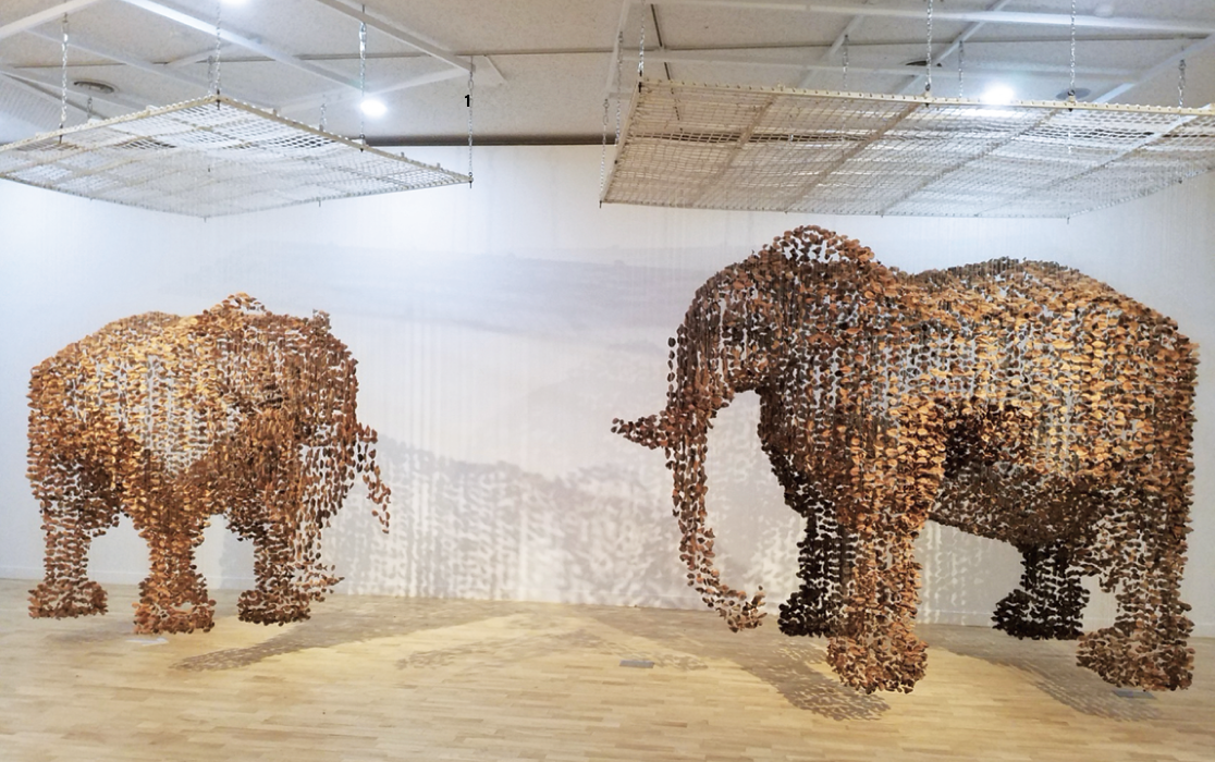 2 “Connecting Deep” exhibition detail views, 11 ft. (3.4 m) in length, clay, polyfilament, monofilament, metal, 2019.