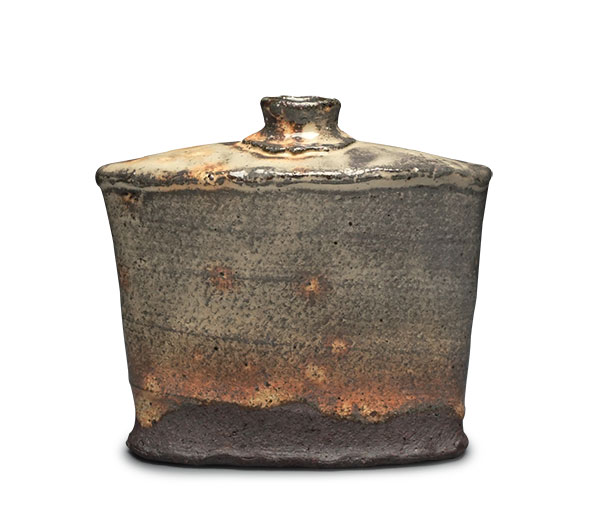 3 Flask, 5 in. (13 cm) in height, wheel-thrown, iron-rich stoneware, kaolin slip, gas reduction fired to cone 7, 2020.