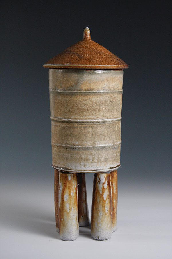 7 Will Van Dyke’s Water Tower with Legs, 11 in. (28 cm) in height, soda-fired ceramic, 2018.