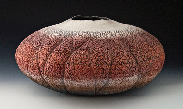 4 Badlands, 18 in. (46 cm) in diameter, wheel-thrown, carved, expanded, and eroded raku clay, slips, stains, underglazes, fired multiple times in reduction, 2015.