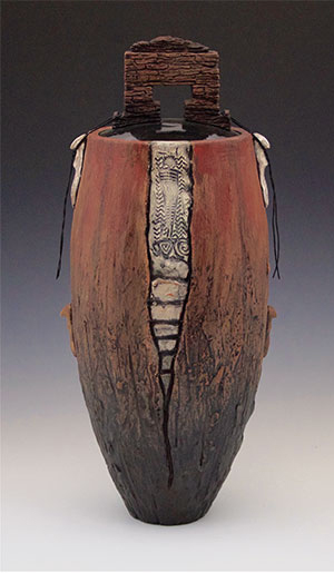 11, 12 Canyon Voices and inspiration. 11 Canyon Voices, 21 in. (53 cm) in height, wheel-thrown earthenware, carved and textured, slips, underglaze, stains, glaze, lid, leather cord, multi fired, reduced, 2017.
