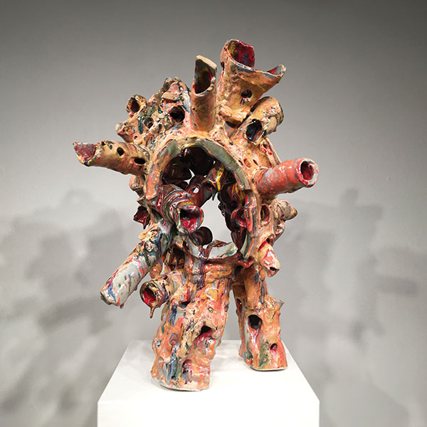 5 Untitled (In Form Series Number 3, Vincent Price Oppenheimer Mullican revisited), 32 in. (81 cm) in height, semi-vitreous ceramic, glaze, fired to cone 10 in oxidation, 2018.