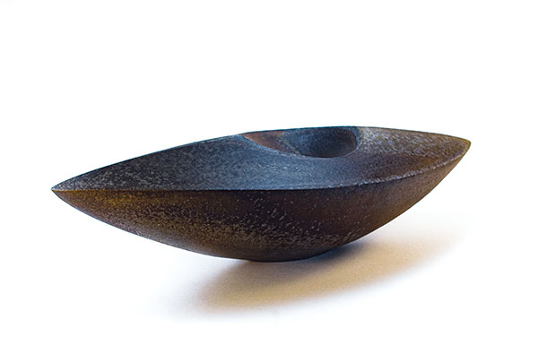 2 Boat Vessel I, 17 in. (43 cm) in length, slab-built stoneware, wood fired and reduction cooled, 2019.