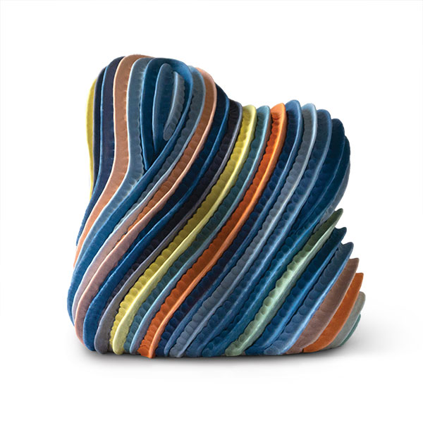 1 Untitled (Pleated Form in Blue), 15 in. (38 cm) in height, colored porcelain, fired to cone 6 in oxidation, 2020.