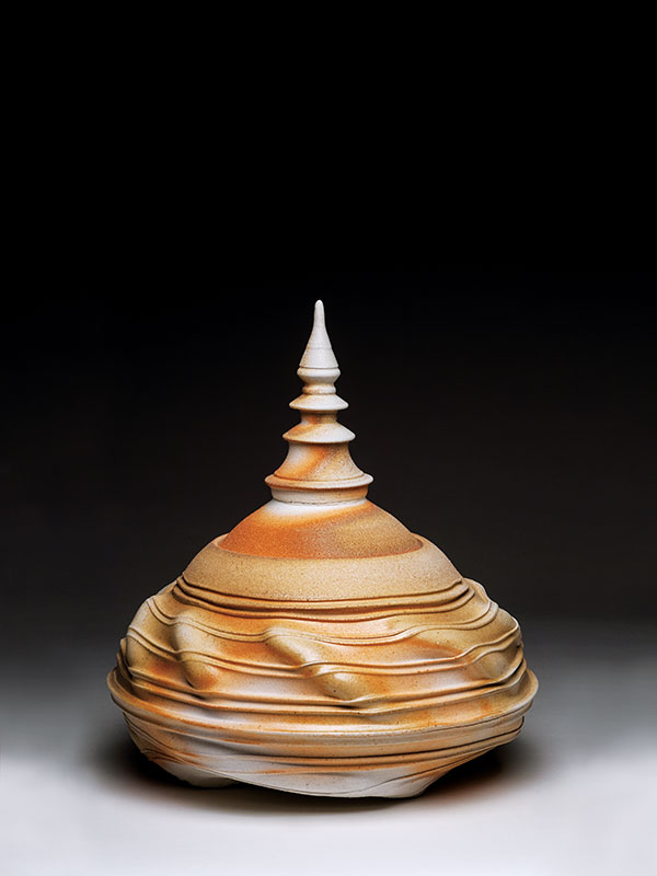 Lidded Vessel #7, 14 in. (35 cm) in height, Dave’s Snow Flashing slip, glaze, salt/soda fired to cone 10.