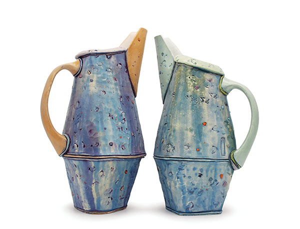 1 Pitchers, 12 in. (30 cm) in height, porcelain, Mason stains, Amaco underglazes, liner glaze, soda ash, fired to cone 6, 2020.