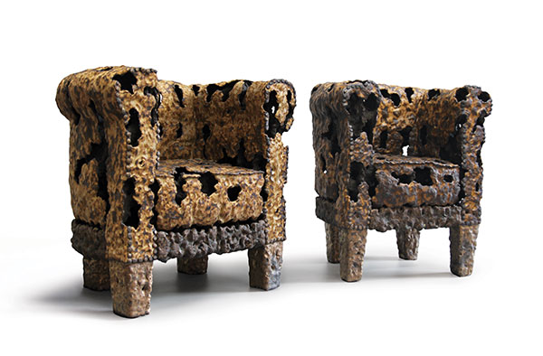 2 Rotten Sofas, 16 in. (41 cm) in height, handbuilt stoneware, 2282°F (1250°C) in oxidation, 2019.