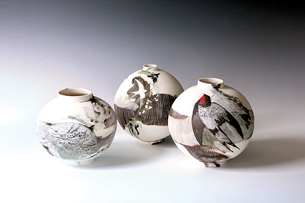 8 Three Moon Vases, 8½ in. (22 cm) in width (each), wheel-thrown porcelain, terra sigillata, underglaze, oxide, glaze, 2019.