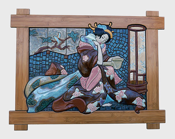 Geisha, adapted from an 18th-century drawing by Eizan, cone-5 glazes. Frames: Ed McCravy and Randy Mayfield.