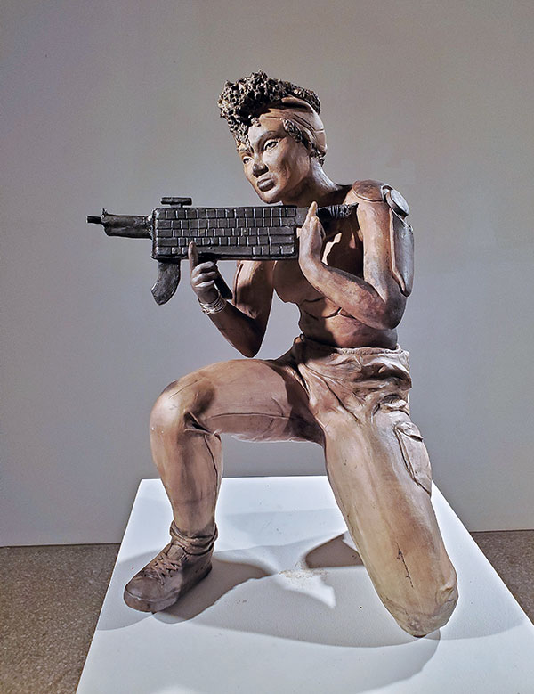 6 Keyboard Warrior, 16½ in. (42 cm) in height, earthenware, terra sigillata, paper, stainless steel, 2021.