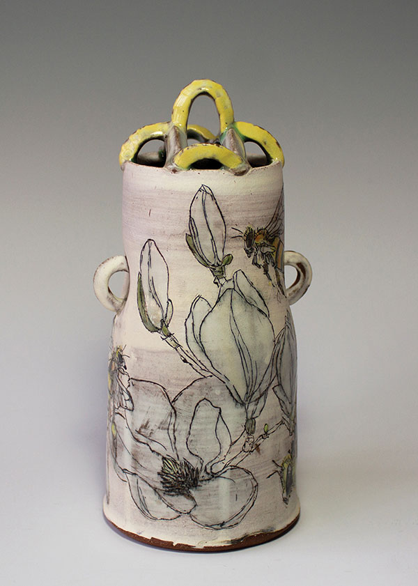 3 Bee Magnolia Vase, 11 in. (28 cm) in height, mid-range red stoneware, colored slips, underglazes, fired to cone 6 in an electric kiln, 2018.