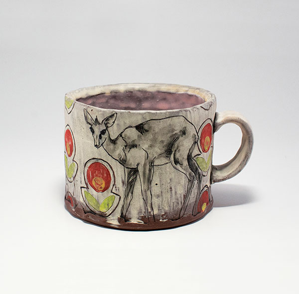 4 Dik Dik Floral Mug, 4 in. (10 cm) in width, mid-range red stoneware, colored slips, underglazes, fired to cone 6 in an electric kiln, 2020.