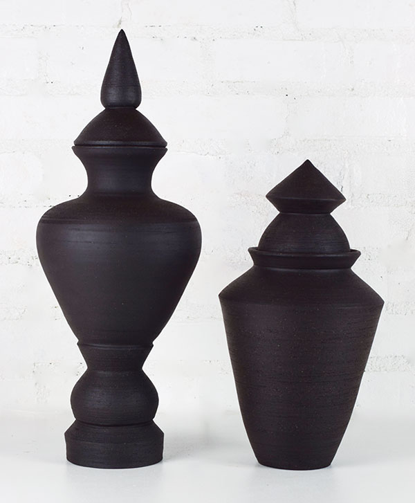 3 Blackness Lidded Vases, to 20 in. (51 cm) in height, wheel-thrown, unglazed stoneware.