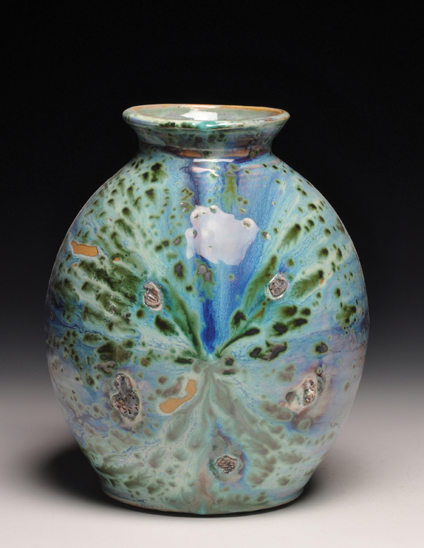 3 Dick Lehman’s glazed and side-fired tsubo, 11½ in. (29 cm) in height, white stoneware, fired to cone 9 in reduction, 2015.