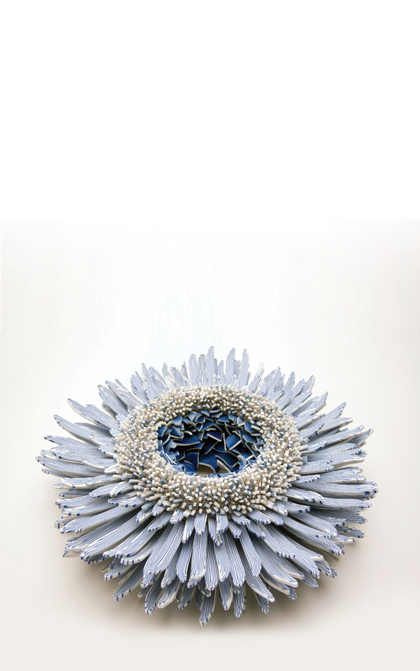 Blue and White Porcelain Shards Flower, 10 in. (25 cm) in width, fired clay, porcelain shards, 2014.