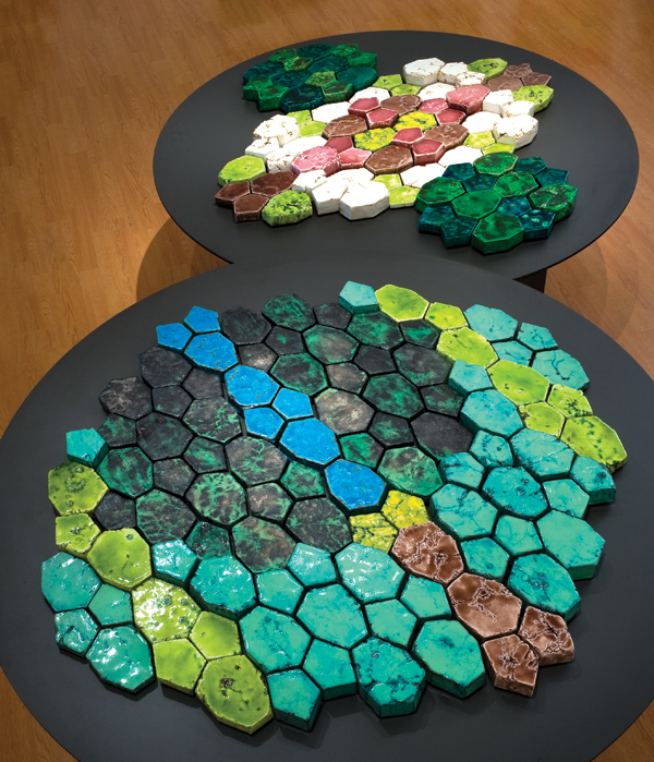 5 Landscape I and II, 4 ft. (1.2 m) in diameter, press-molded fritware, glaze, fired to cone 02, 2008. Photo: E.G. Schempf.