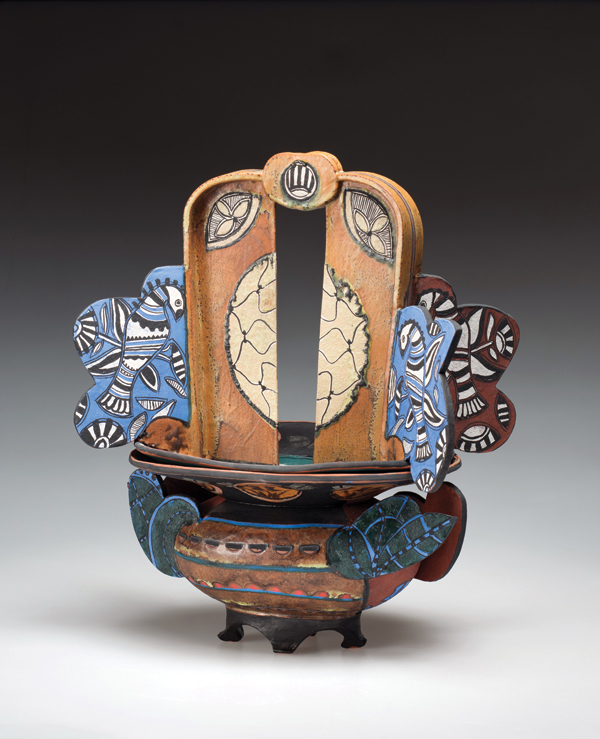 5 Andrea Gill’s Lidded Bowl, Bray Series, 21 in. (53 cm) in height, low-fire ceramic, engobe,  glaze decoration, 2012; on view in the Bray Live Auction.