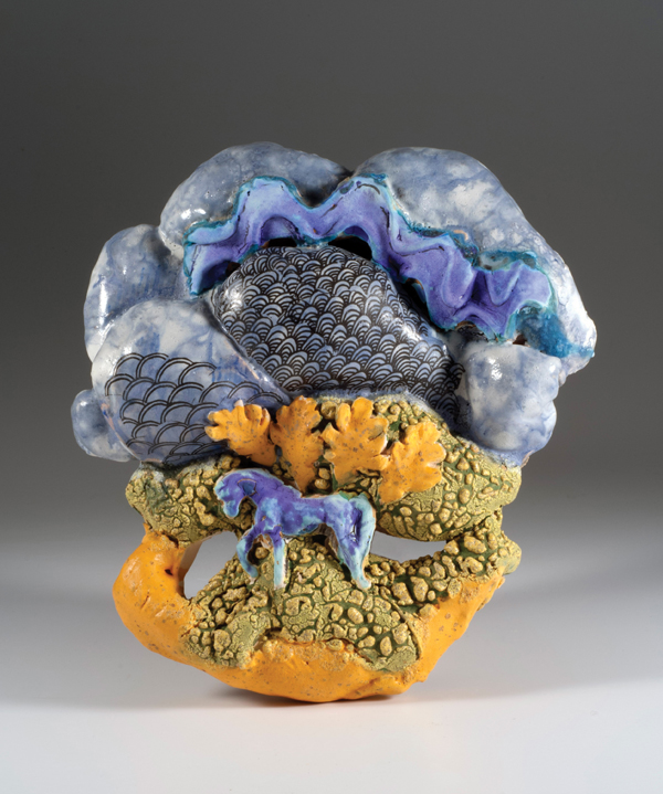 1. Barb Tipton’s Traveling (Under Uncertain Skies), 10½ in. (27 cm) in height, handbuilt, ceramic, glazes, decals, 2015.