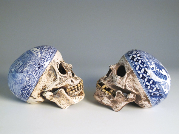 10 Stephen Bowers’ Explorers’ Skulls, 5¼ in. (13 cm) in height, slip-cast ceramic, oxide stains, underglaze, clear glaze, 2010. Photo: Grant Hancock.