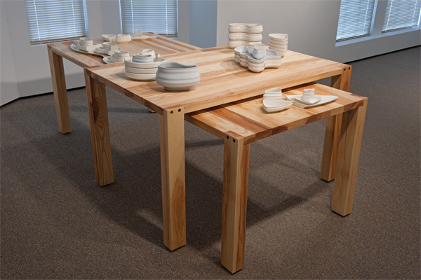 Rail and Track: Table Talk, various dimensions, slip-cast porcelain, ash wood. Photo: Brian Oglesbee.