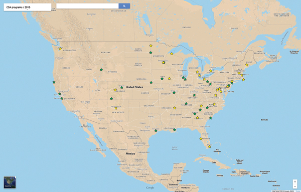 4 CSA: The Map. Community Supported Art programs have been, or are in the process of being set up by 40 different organizations in communities across America. Each program uses the same toolkit model, and then adapts it to the size, needs, and tastes of their particular community to best connect local artists with local buyers. Green star=current CSA program, yellow star=previous CSA program. Photo courtesy of Springboard for the Arts.