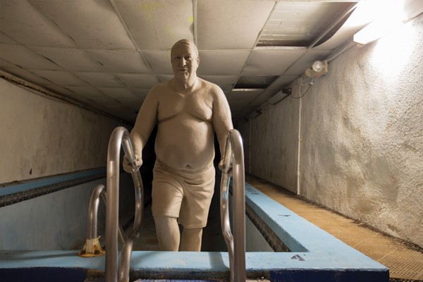 1 East Bank Athletic Club, South Bend, IN: Larry, 4 ft. (1.2 m) in height, handbuilt white earthenware, unfired wet clay installation, 2016.