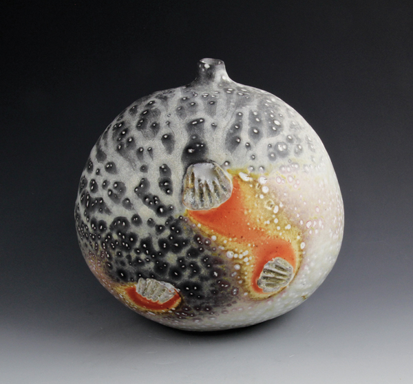 4 Globe, 8 in. (20 cm) in height, custom clay, no slip or glaze, soda fired on seashells to cone 11–12, 2014.