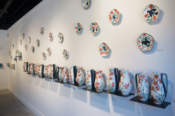 4 Pitchers and plates from the Dreaming from Garden to Sky series installed at Harvey Meadows Gallery, porcelain, slip, glaze, 2012.