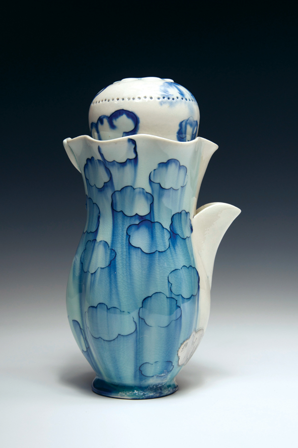 5 Water ewer and cup with clouds from the Dreaming from Garden to Sky series, porcelain, slip, glaze, 2012.