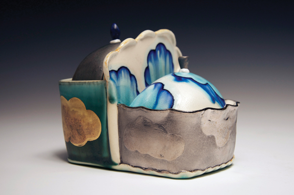 2 Salt and pepper pot with gold clouds from the Dreaming from Garden to Sky series, porcelain, blue slip inlay, soda fired to cone 6, luster, 2012.