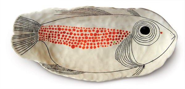 3 Fish plate, 12½ in. (32 cm) in length, coil-built white earthenware, porcelain slip mixed with Nano Colour stains (Scarva Pottery Supplies), Mason stains, Spectrum underglazes, glaze, 2009.