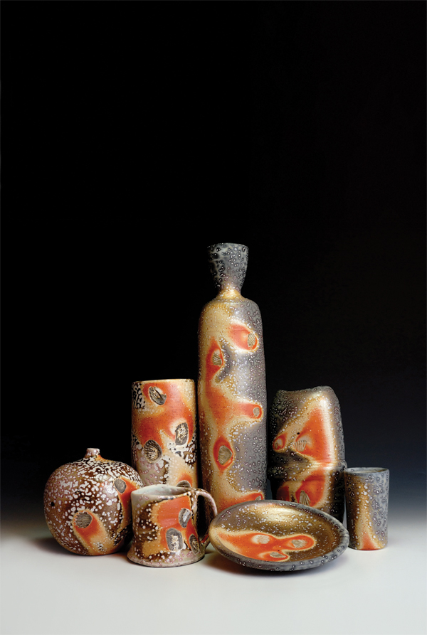 1 Collection of soda-fired functional work, to 18 in. (46 cm) in height, custom blended clay, shino liner glaze, no glazes on exterior, soda fired to cone 11–12 in a propane gas kiln, 2014.