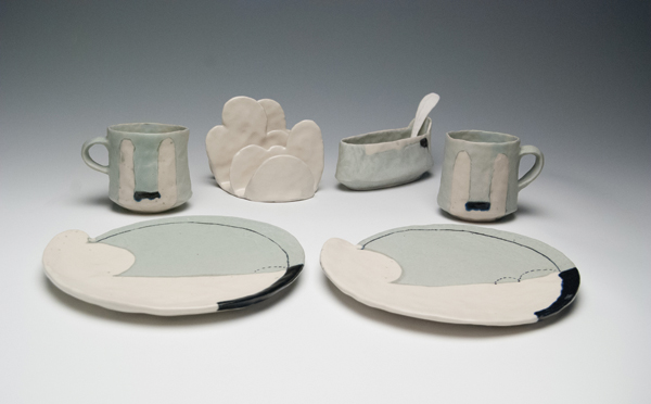 4 Emily Schroeder Willis’ Breakfast Set for Two, to 8½ in. (22 cm) in diameter, porcelain, glaze, fired to cone 6 in oxidation.