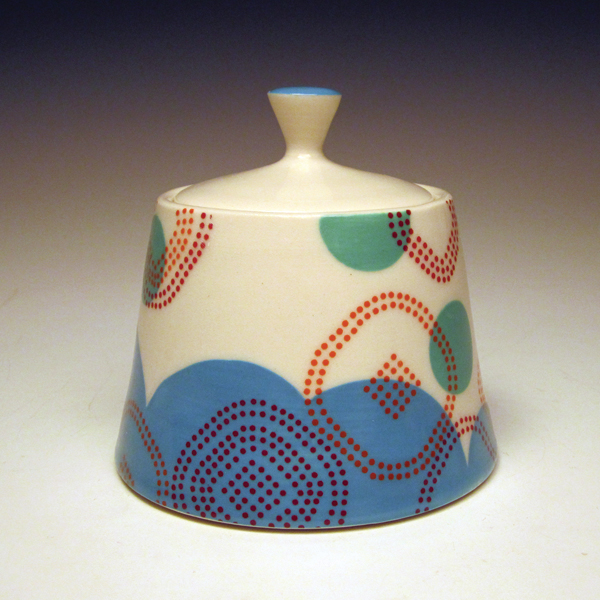 2 Meredith Host’s Dot Dot Rounded Square Jelly Jar, 4 in. (10 cm) in height, porcelain with decals, 2014.